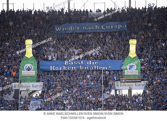 Transparent / choreography of the 1899 fans ""again after Europe"" ""Let the corks pop"", champagne bottles, football 1st Bundesliga, 34th matchday