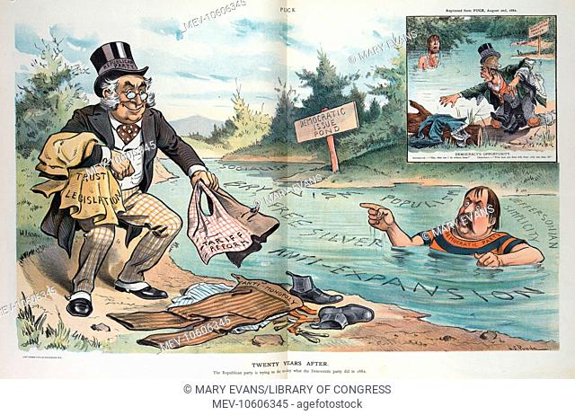 Twenty years after. Illustration shows a man labeled Republican Party picking up the clothing of a man labeled Democratic Party swimming in the Democratic Issue...