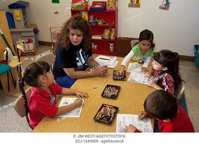 Española, New Mexico - Marcia Vigil teaching a pre-kindergarten class at McCurdy School, a private school supported by the United Methodist Church