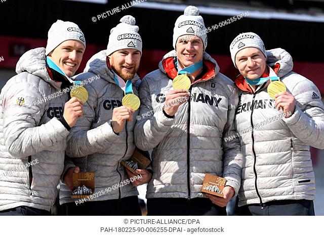 25 Febuary 2018, South Korea, Pyeongchang, Olympics, Bobsleigh, four-man bobsleigh, Mens, 4th round, Alpensia Sliding Centre: gold medal award winners with...