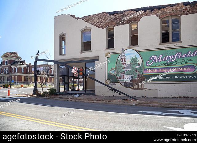 Mayfield, Kentucky - Damage from the December 2021 tornado that devasted towns in western Kentucky. Many buildings in Mayfield's historic downtown were severely...
