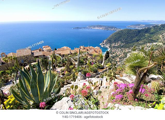 South of France, Exotic Garden, Eze Village, View over Mediterrannean and Cap Ferrat, Plants Cacti and rooftops of Eze Village