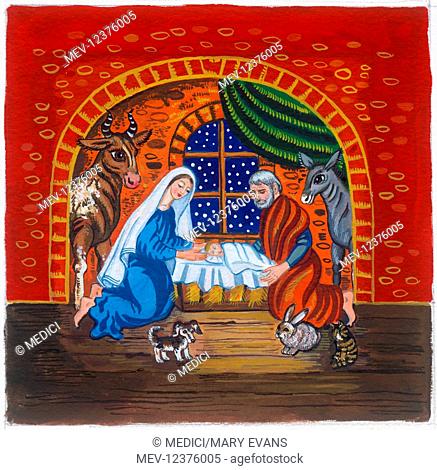 One of a set of Four Christmas Gift Cards - Holy Family with Cattle, Donkey, Rabbit, Cat and Dog in red stable