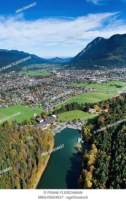 Rissersee, Risserseehotel, Garmisch-Partenkirchen, Loisachtal, aerial picture, Germany, Bavaria, Upper Bavaria, Bavarian alps, Werdenfelser Land