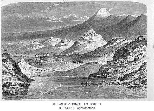 View of New Plymouth and Mount Egmont in 1860's. New Zealand. (From: 'La vuelta al mundo', Madrid 1865)