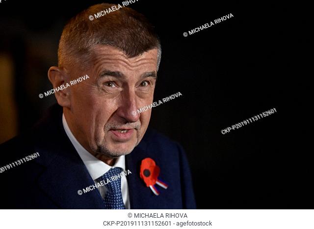 Czech Prime Minister Andrej Babis speaks to journalists after his meeting with Czech President Milos Zeman in the Lany chateau, Czech Republic, on November 13