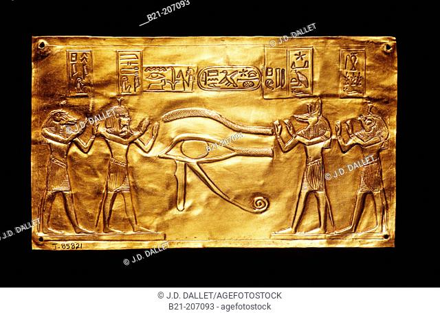 'Wedjat' eye with Horus children at relief from tomb of Psusennes. Egyptian Museum. Egypt