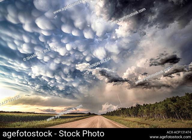 Gorgeoud deep mammatus clouds over gravel road in rural southern Manitoba Canada on a tornado warned super cell
