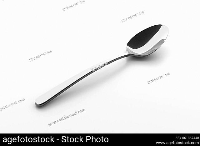 Silver spoon on a table. Fine cutlery on grey background. Single fork on a table. Silverware with shadow. 3D illustration