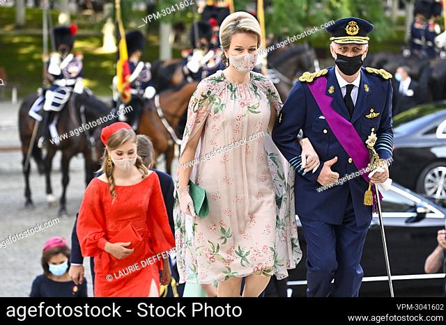 Crown Princess Elisabeth, Queen Mathilde of Belgium and King Philippe - Filip of Belgium arrive for the Te Deum mass, on the occasion of Today's Belgian...