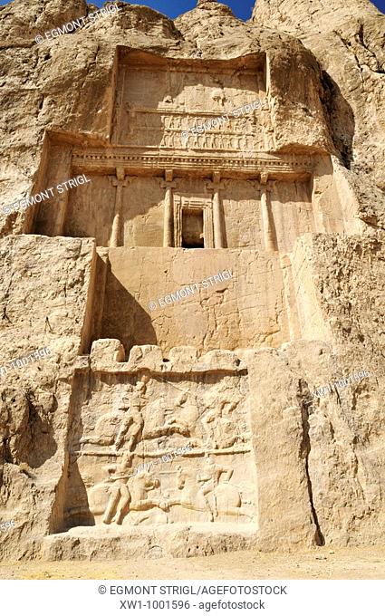 sassanid relief of king Bahram II , achaemenid burial site Naqsh-e Rostam, Rustam near the archeological site of Persepolis, UNESCO World Heritage Site, Persia