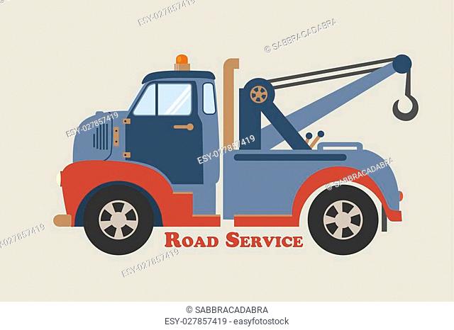 retro illustration of a vintage tow wrecker pickup truck viewed from the side. Flat design roadside assistance vehicle, side view