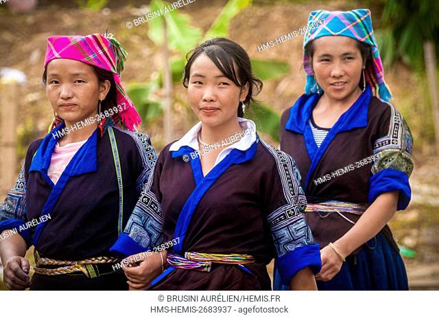 Vietnam, mountain range of Hoang Lien Son, village of Nga Ba Kim, Mu Cang Chai region, province of Yen Bai, green H'mong girls