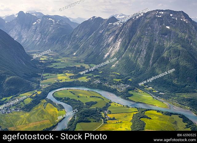 View from the hike Romsdalseggen, mountain ridge, Rauma river, Romsdalfjellene mountains, Andalsnes, Møre og Romsdal, Norway, Europe