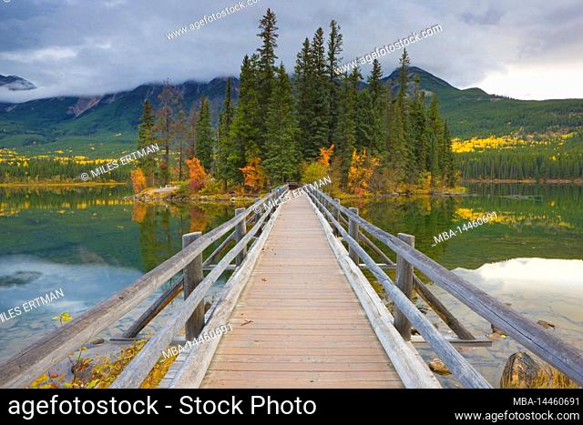Foot Bridge to Island, Pyramid Lake, Jasper National Park, Alberta, Canada