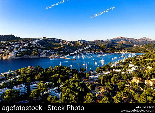 Spain, Balearic Islands, Andratx, Helicopter view of coastal town in summer