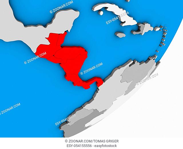 Central America on blue political 3D globe. 3D illustration