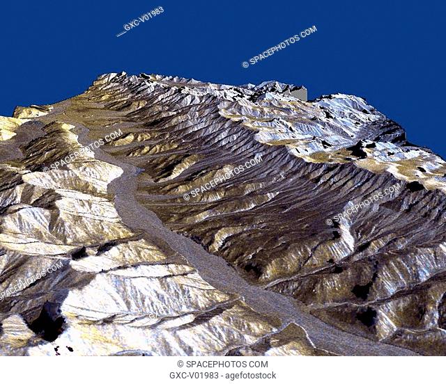 This three-dimensional perspective of the remote Karakax Valley in the northern Tibetan Plateau of western China was created by combining two spaceborne radar...