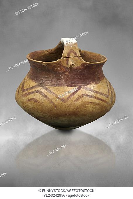 Chalcolithic decorated terra cotta basket pot. Circa 5000BC. Catalhoyuk collection, Konya Archaeological Museum, Turkey. Against a grey background