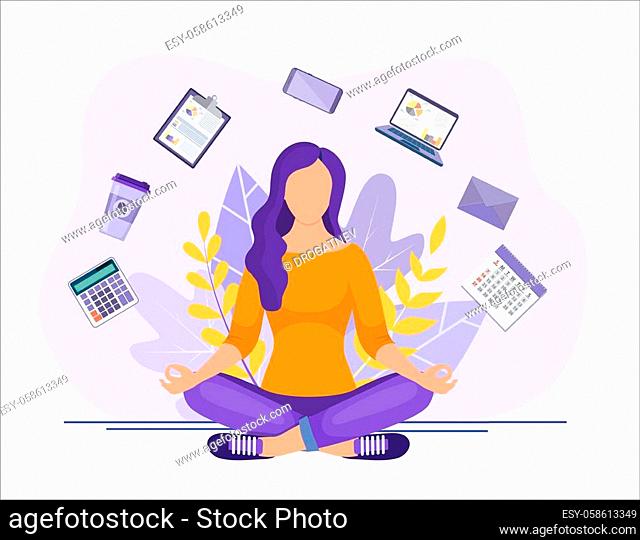 Business yoga concept. businesswoman meditating, time management, stress relief and problem solving concepts. Business woman sitting and meditating