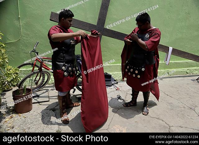 MEXICO CITY, MEXICO -APR 14, 2022: Persons dressed as Romans , take part during a procession of Holy Week that marks the Christian feast that opens the Easter...