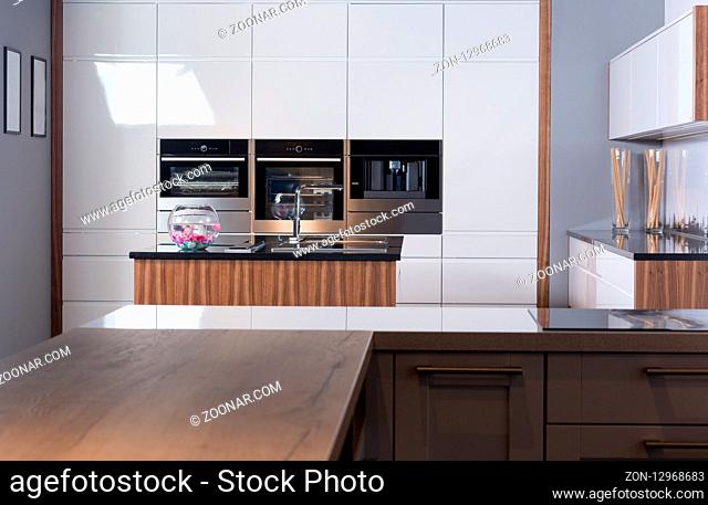Idea of minimalist kitchen . Modern kitchen with an undermount sink, flat-panel cabinets, black tone cabinets and paneled appliances