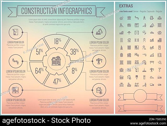 Construction infographic template and elements. The template includes the following set of icons - playhouse, crane, house sketch, oil noozle, window, door