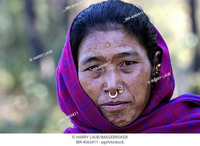 Nepalese woman with earrings and nose piercing, portrait, with Nargakot, Nepal