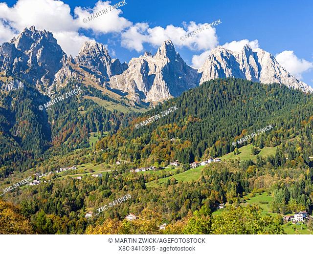 Villages Sarasin and Pongan in the Veneto under the peaks of the mountain range Pale di San Martino, part of UNESCO world heritage Dolomites