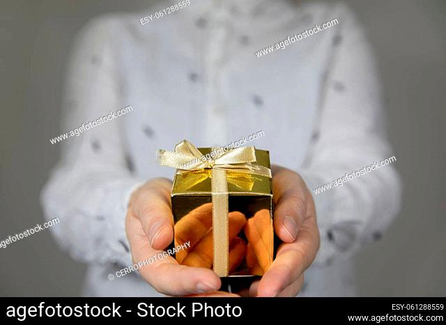 Hands holding gold gift box isolated on gray background. giving present, Birthday, Christmas, Mothersday other Holiday with copy space space for text
