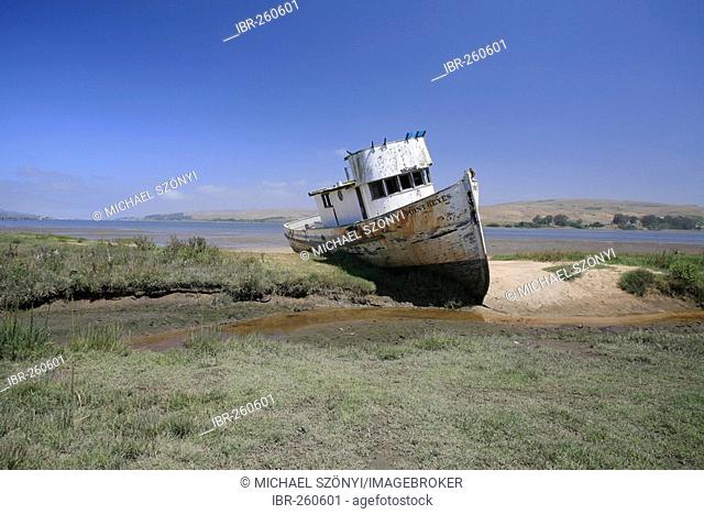 Stranded ship at Tomales Bay which was created by the San Andreas Fault, California, USA