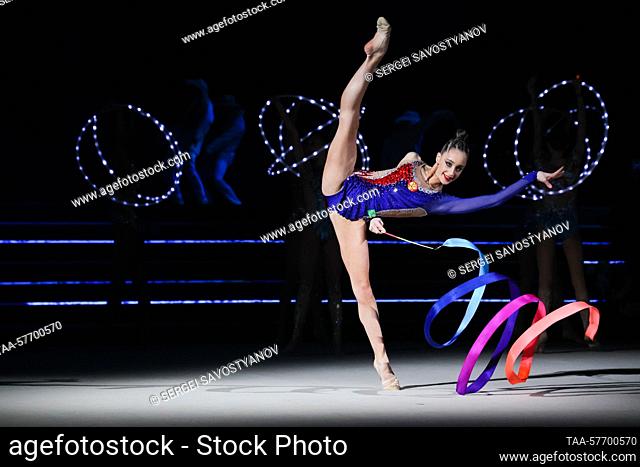 RUSSIA, MOSCOW - MARCH 4, 2023: A rhythmic gymnast performs during a gala concert at Irina Viner-Usmanova Gymnastics Palace ahead of International Women's Day
