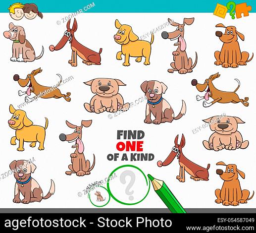 Cartoon Illustration of Find One of a Kind Picture Educational Game with Comic Dogs and Puppies Characters