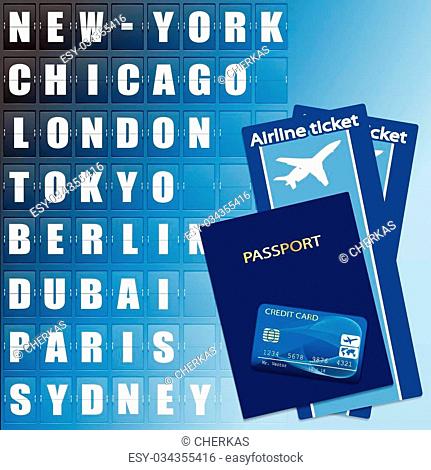Airline ticket, credit card and passport on scoreboard background. Flight destination, information display board named world cities Illustration