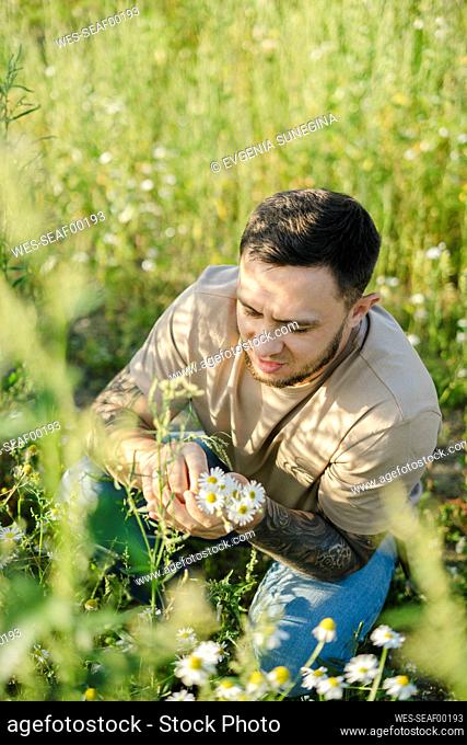 Man holding daisies crouching by plants