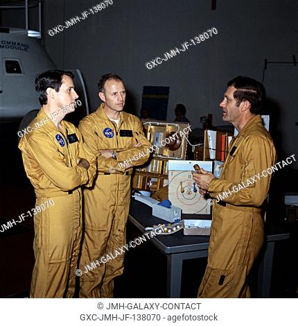 These three men make up the crew of the Skylab 4 mission. They are, left to right, scientist-astronaut Edward G. Gibson, science pilot; astronaut Gerald P