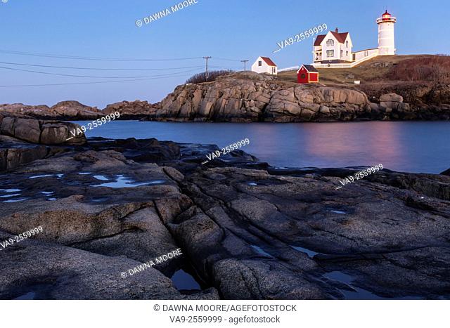 Cape Neddick Lighthouse Along Maine's Rocky Shores at Twilight, York Beach, Maine