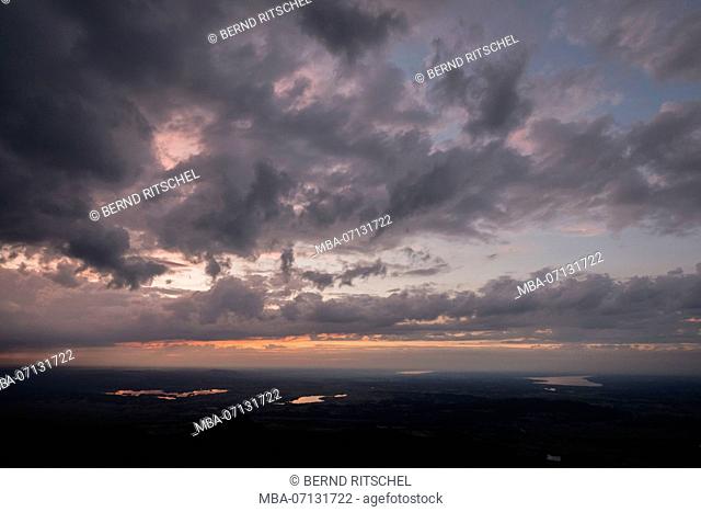 view from Herzogstand to Staffelsee and Riegsee in the evening, Bavarian Alps, Bavaria, Germany
