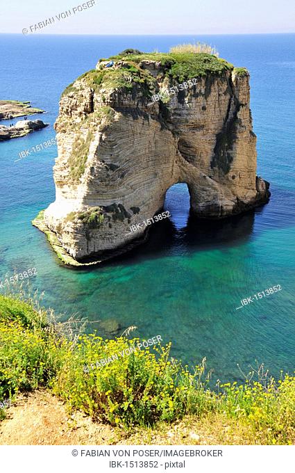 Pigeons Rock, Grotte aux Pigeons, limestone rocks eroded by wind and weather in the Raouche district, Beirut, Lebanon, Middle East, Asia