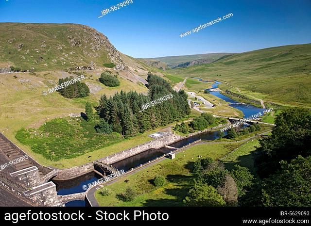 View of dam spillway, Claerwen Reservoir, Elan Valley, Powys, Wales, United Kingdom, Europe