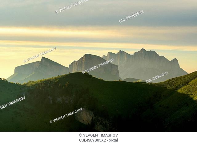 Backlit rock formations, Bolshoy Thach (Big Thach) Nature Park, Caucasian Mountains, Republic of Adygea, Russia