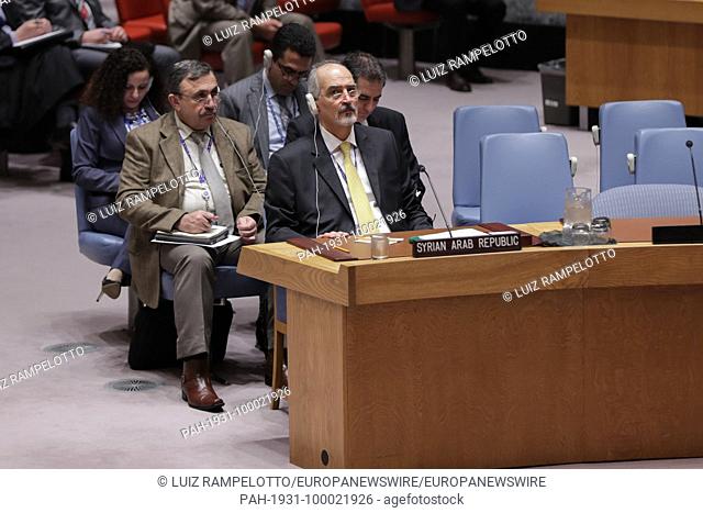 United Nations, New York, USA, February 22 2018 - Bashar Jaafari Permanent Representative of Syria to the United Nations During a Security Council meeting on...