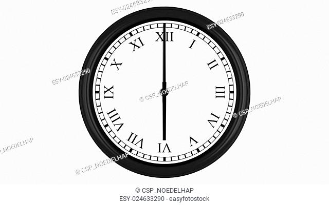 Realistic 3D clock with Roman numerals set at 6 o'clock