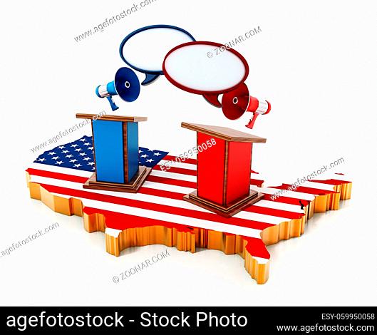 Blue and red lecterns standing on USA map. 3D illustration