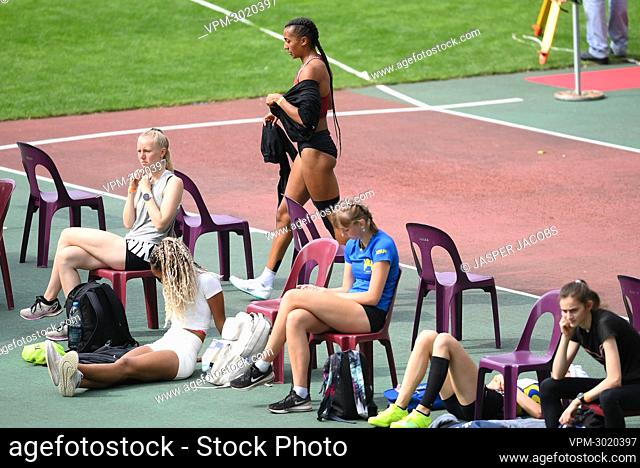 Belgian Nafissatou Nafi Thiam shows defeat during pictured in action during the women's high jump competition, at the Belgian athletics championships