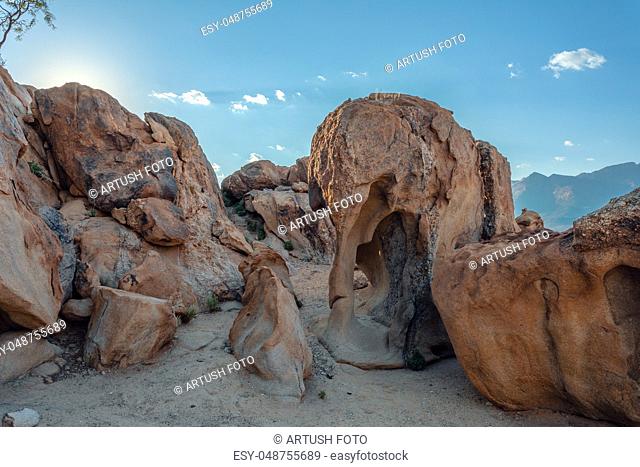 Tourist attraction Elephant Rock, Big interesting stone formation like carved african Elephant, Brandberg mountain, Namibia wilderness