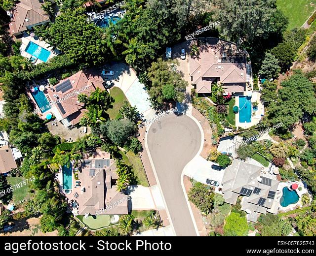 Aerial view of large-scale villa in wealthy residential town Encinitas, South California, USA