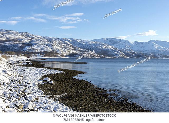 The snowy coastline in the winter at Bjerkvik, near Narvik in northern Norway