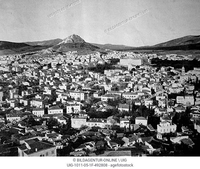 One of the first autotypes of athens, seen from the acropolis, greece, historical photograph, 1884