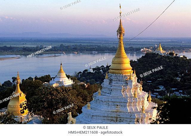 Myanmar Burma, pagodas on Irrawaddy River banks